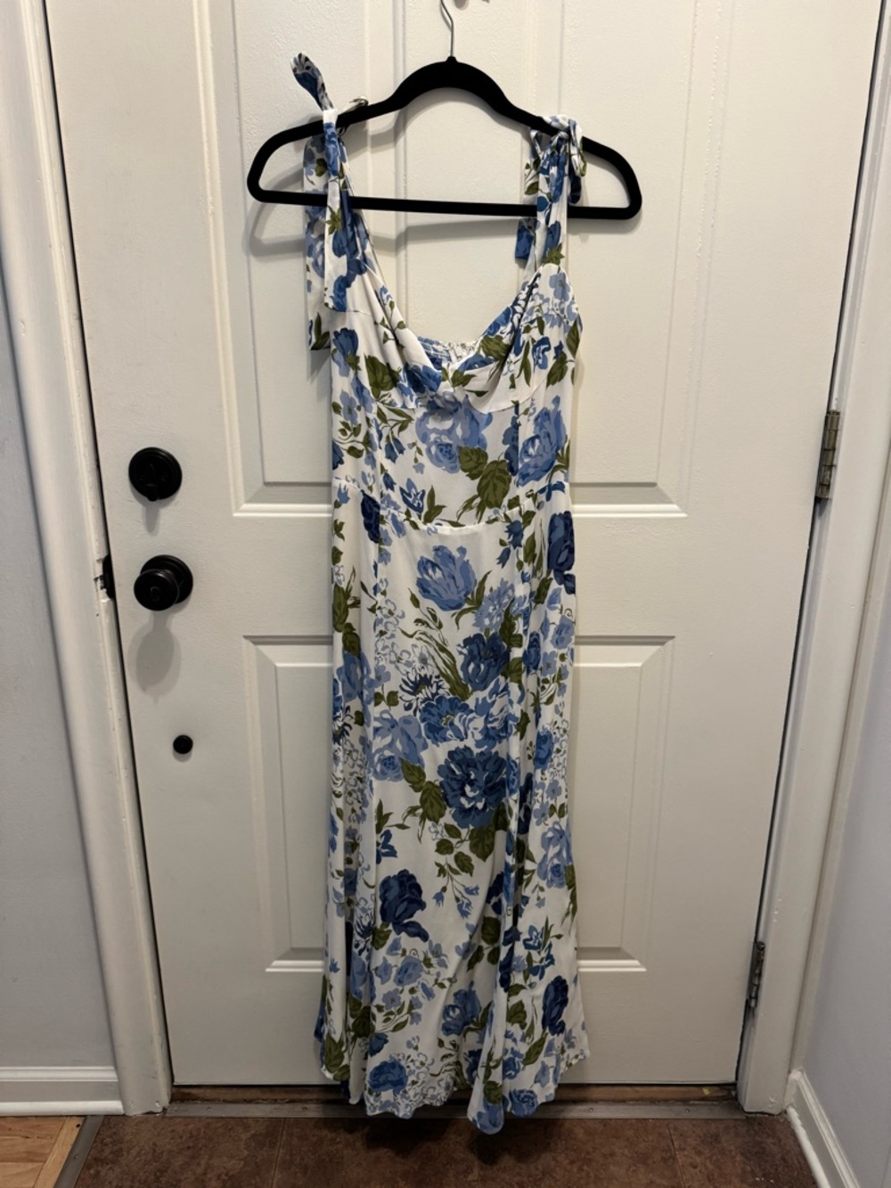 Reformation White Maxi Dress with Blue and Green Floral Print